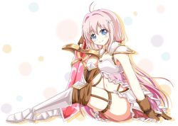 Rule 34 | 1girl, blue eyes, blush, breasts, cleavage, endro!, highres, looking at viewer, midriff, navel, pink hair, small breasts, smile, solo, sword, weapon, yuria shardet