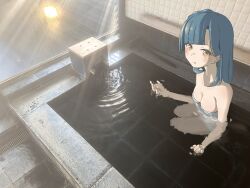 Rule 34 | 1girl, aqua hair, bath, bathing, blunt bangs, blush, breasts, cleavage, collarbone, commentary request, completely nude, highres, idolmaster, idolmaster million live!, looking at viewer, medium breasts, naked towel, nanao yuriko, nude, ofuro, petitpetitppp, photo background, refraction, solo, towel, white towel