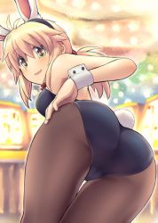 Rule 34 | 1girl, animal ears, ass, ass focus, black hairband, black leotard, blonde hair, blurry, blurry background, blush, breasts, brown pantyhose, commentary request, depth of field, fake animal ears, green eyes, hair between eyes, hairband, highres, koshirae tsurugi (m.m), leotard, long hair, looking at viewer, looking back, low ponytail, m.m, medium breasts, original, pantyhose, playboy bunny, ponytail, rabbit ears, rabbit tail, smile, solo, strapless, strapless leotard, tail, wrist cuffs