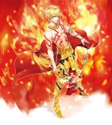 Rule 34 | 1boy, armor, blonde hair, ea (fate/stay night), earrings, fate/hollow ataraxia, fate/stay night, fate (series), fire, gilgamesh (fate), jewelry, male focus, manly, red eyes, topless male, solo, tattoo, yepnean