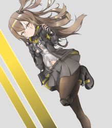 Rule 34 | 1girl, absurdres, black footwear, black pantyhose, blush, boots, breasts, brown eyes, brown hair, closed mouth, fingerless gloves, girls&#039; frontline, gloves, grey gloves, grey jacket, grey skirt, hair ornament, hairclip, highres, jacket, knee pads, lezard18, long hair, looking at viewer, navel, neck ribbon, open clothes, open jacket, pantyhose, ribbon, scar, scar across eye, shirt, side ponytail, simple background, skirt, small breasts, solo, standing, standing on one leg, ump45 (girls&#039; frontline), white shirt