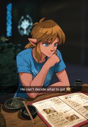 Rule 34 | 1boy, blue eyes, blue shirt, bowl, brown hair, chopstick rest, chopsticks, commentary request, contemporary, cup, english text, fake screenshot, highres, link, looking down, male focus, malin falch, menu, nintendo, nose, plate, print shirt, reading, restaurant, shirt, short ponytail, sidelocks, sitting, snapchat, solo, t-shirt, table, tan, teacup, the legend of zelda, the legend of zelda: breath of the wild, thick eyebrows
