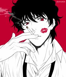 Rule 34 | 1boy, black hair, black necktie, cigarette, collared shirt, holding, holding cigarette, lipstick mark, looking at viewer, male focus, manly, mashima shima, matsuda jinpei, meitantei conan, necktie, partially colored, red background, red eyes, red theme, shirt, simple background, smoke, smoking, solo, twitter username, undone necktie, upper body