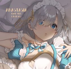 Rule 34 | 1girl, anastasia (fate), artist name, blue nails, blush, breasts, character name, cleavage, collarbone, fate/grand order, fate (series), grey hair, hair over one eye, highres, long hair, looking at viewer, lucidsky, maid headdress, nail polish, parted lips, small breasts, solo, upper body