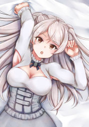 Rule 34 | 1girl, armpit cutout, breasts, brown eyes, cleavage, cleavage cutout, clothing cutout, conte di cavour (kancolle), corset, dress, grey hair, highres, kantai collection, koru pera, large breasts, long hair, long sleeves, lying, on back, solo, two side up, upper body, white dress