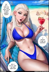 Rule 34 | 3girls, all fours, aroma sensei, beach, beach chair, bikini, blonde hair, blue bikini, blue eyes, breasts, cleavage, drink, elsa (frozen), frozen (disney), highleg, highleg bikini, highleg swimsuit, highres, jewelry, large breasts, leaning back, lips, looking at viewer, lying, marvel, multiple girls, nail polish, necklace, nier (series), nier:automata, on back, outdoors, red lips, sand, sand sculpture, sitting, speech bubble, spider-gwen, swimsuit, thick lips, thick thighs, thighs, white hair, 2b (nier:automata)