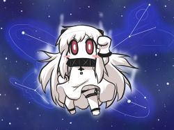 Rule 34 | 1girl, abyssal ship, black panties, chibi, colored skin, commentary request, constellation, covered mouth, dress, goma (gomasamune), horns, kantai collection, long hair, looking at viewer, mittens, night, night sky, northern ocean princess, panties, pantyshot, parody, red eyes, saint seiya, side-tie panties, sky, solo, standing, star (sky), starry sky, underwear, white dress, white hair, white skin