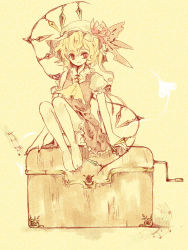 Rule 34 | 1girl, arms at sides, ascot, barefoot, beamed quavers, blonde hair, closed mouth, crystal, demon wings, dress, female focus, flandre scarlet, frilled dress, frilled sleeves, frills, full body, hat, looking at viewer, mob cap, musical note, one side up, pectorals, puffy short sleeves, puffy sleeves, quaver, red dress, red eyes, shiina aya, short sleeves, simple background, smile, solo, thighhighs, touhou, treasure chest, white thighhighs, wings, yellow background
