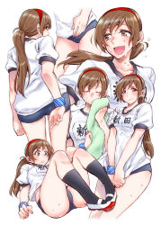 10s 1girl ass bracelet brown_eyes brown_hair buruma closed_eyes female_focus gym_uniform hairband highres idolmaster idolmaster_cinderella_girls jewelry long_hair nitta_minami ponytail simple_background solo sweat takanashi_ringo thighs towel translated white_background