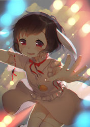 Rule 34 | 1girl, animal ears, bad id, bad pixiv id, black hair, carrot, carrot necklace, dress, highres, inaba tewi, jewelry, lights, miebao, necklace, open mouth, outstretched arms, pendant, pink dress, pink thighhighs, rabbit ears, red eyes, short hair, short sleeves, smile, solo, thighhighs, touhou, wind, wind lift, zettai ryouiki