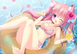 Rule 34 | 1girl, anchor symbol, animal ears, bikini, bracelet, cat ears, commentary, cup, drinking glass, drinking straw, floating, flower, food, fruit, hair flower, hair ornament, hibiscus, holding, holding cup, holding drinking glass, ice, ice cube, innertube, jewelry, long hair, mimiko (shibainu niki), one eye closed, original, partially submerged, purple eyes, shibainu niki, smile, solo, swim ring, swimsuit, tropical drink, twintails, water