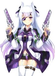 Rule 34 | 1girl, blush, breasts, closed mouth, coat, commentary, cowboy shot, dual wielding, english commentary, eyepatch, finger on trigger, folded twintails, garter straps, gradient hair, gun, handgun, holding, holding gun, holding weapon, leg belt, long hair, long sleeves, medium breasts, multicolored hair, one eye covered, original, pistol, purple eyes, short shorts, shorts, simple background, smile, solo, thighhighs, tonee, weapon, white background, white hair, white thighhighs