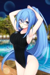 Rule 34 | 1girl, arm up, armpits, bare arms, black-framed eyewear, black one-piece swimsuit, blue eyes, blue hair, blurry, blurry background, blush, breasts, character name, clothes writing, collarbone, competition swimsuit, cowboy shot, depth of field, emori miku, glasses, groin, highres, large breasts, liver city, long hair, looking at viewer, miko (royal milk), mouth hold, night, night sky, official art, one-piece swimsuit, ponytail, pool, poolside, sideboob, sky, smile, solo, swimsuit, tree, tying hair, very long hair, water