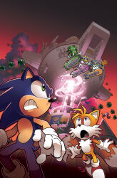Rule 34 | 1girl, 4boys, blue eyes, furry, furry female, furry male, gloves, goggles, goggles on head, green eyes, grin, hoverboard, jet the hawk, matt herms, multiple boys, outdoors, red sky, sky, smile, sonic (series), sonic the hedgehog, sonic the hedgehog (archie comics), storm the albatross, tails (sonic), teeth, tracy yardley, wave the swallow, white gloves