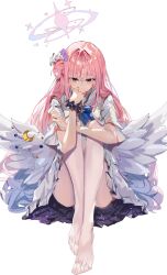Rule 34 | 1girl, angel wings, arm rest, blue archive, capelet, closed mouth, commentary, dress, feathered wings, flower, frilled dress, frills, full body, hair bun, hair flower, hair ornament, halo, hand on own face, highres, huuuuu (ddakji79), long hair, looking at viewer, low wings, medium dress, mika (blue archive), pantyhose, pink hair, pink halo, side up bun, simple background, single side bun, sleeveless, sleeveless dress, solo, toes, very long hair, white background, white capelet, white dress, white pantyhose, wings, yellow eyes