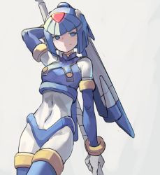Rule 34 | 1girl, android, blue eyes, bodysuit, breasts, closed mouth, gloves, helmet, highres, holding, holding weapon, huanxiang huifeng, fairy leviathan (mega man), looking at viewer, mega man (series), mega man zero (series), polearm, simple background, smile, solo, thighhighs, weapon