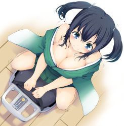 Rule 34 | 10s, 1girl, black hair, blue eyes, breasts, cleavage, exercising, from above, hair ribbon, highres, japanese clothes, kantai collection, large breasts, momo (higanbana and girl), off shoulder, ribbon, riding machine, sitting, smile, solo, souryuu (kancolle), sweat, twintails