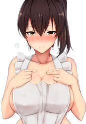 Rule 34 | 1girl, apron, bare shoulders, blush, breasts, brown eyes, brown hair, chiyo (pk19981234), cleavage, closed mouth, collarbone, flying sweatdrops, hair between eyes, hands on own chest, kaga (kancolle), kantai collection, large breasts, long hair, looking at viewer, naked apron, side ponytail, sideboob, simple background, solo, white background