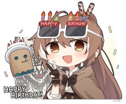 Rule 34 | 1girl, :d, ahoge, birthday, brown capelet, brown cloak, brown corset, brown eyes, brown hair, cake hat, capelet, cloak, confetti, corset, english text, eyewear on head, feather hair ornament, feathers, friend (nanashi mumei), groucho glasses, glasses, gloves, gyaheung, hair ornament, hairclip, happy birthday, hololive, hololive english, long hair, looking at viewer, multicolored hair, nanashi mumei, nanashi mumei&#039;s horror painting, open mouth, partially fingerless gloves, party whistle, ponytail, ribbon, shirt, smile, streaked hair, v, very long hair, virtual youtuber, white shirt