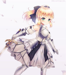 Rule 34 | 1girl, armor, armored boots, armored dress, artoria pendragon (all), artoria pendragon (fate), bad id, bad pixiv id, bare shoulders, black bow, blonde hair, blush, boots, bow, caliburn (fate), closed mouth, commentary request, detached sleeves, dress, fate/grand order, fate/stay night, fate/unlimited codes, fate (series), foreign blue, gauntlets, green eyes, grey background, hair bow, holding, holding sword, holding weapon, long hair, looking at viewer, petals, ponytail, puffy short sleeves, puffy sleeves, saber lily, short sleeves, sleeveless, sleeveless dress, smile, solo, sword, watermark, weapon, web address, white dress