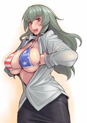Rule 34 | 1girl, aged up, american flag, american flag bikini, american flag print, bikini, bikini under clothes, blush, breasts, cleavage, flag print, gentosha, large breasts, long hair, looking at viewer, open clothes, open shirt, print bikini, red eyes, rozen maiden, shirt, sideboob, silver hair, smile, solo, suigintou, swimsuit, swimsuit under clothes, tsuda nanafushi