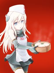 Rule 34 | 1girl, apron, bare shoulders, blonde hair, blush, commentary request, cowboy shot, dumpling, food, garrison cap, grey eyes, hat, headgear, holding, kantai collection, long hair, looking at viewer, meihemu, open mouth, red background, simple background, solo, steam, swimsuit, u-511 (kancolle), zipper