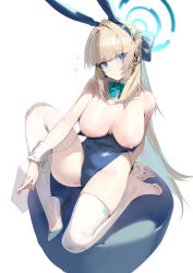 Rule 34 | 1girl, absurdres, animal ears, bare shoulders, blonde hair, blue archive, blue eyes, blue leotard, bow, bowtie, breasts, case, detached collar, fake animal ears, halo, high heels, highres, large breasts, leotard, long hair, looking at viewer, nipples, official alternate costume, playboy bunny, prossss, rabbit ears, soles, solo, strapless, strapless leotard, thighhighs, toki (blue archive), toki (bunny) (blue archive), very long hair, white thighhighs, wrist cuffs