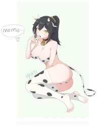 Rule 34 | 1girl, absurdres, animal ears, animal print, bell, black hair, breasts, cleavage, cow ears, cow girl, cow print, cow tail, feet, full body, hanyi, highres, horns, large breasts, neck bell, original, ponytail, simple background, solo, speech bubble, tail, toeless legwear, yellow eyes