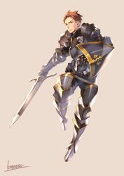 Rule 34 | 1boy, armor, boots, breastplate, brown eyes, brown hair, closed mouth, full body, gauntlets, greaves, grey background, highres, holding, holding sword, holding weapon, knight, kotatsu (g-rough), male focus, original, pauldrons, shield, shoulder armor, signature, simple background, solo, standing, standing on one leg, sword, weapon