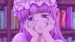 Rule 34 | 1girl, female focus, hands on own cheeks, hands on own face, hat, indoors, library, long hair, mirai nikki, parody, patchouli knowledge, purple eyes, purple hair, solo, tama (kapifowatama), touhou, voile, yandere trance