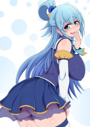 Rule 34 | 1girl, aqua (konosuba), arched back, ass, bare shoulders, blue eyes, blue hair, blue ribbon, blue shirt, blue skirt, blush, breasts, covered erect nipples, detached sleeves, dot nose, dotted background, doyagao, from side, gradient background, hair between eyes, hair ornament, hair rings, hand on own thigh, hand up, hanging breasts, highres, kono subarashii sekai ni shukufuku wo!, large breasts, leaning forward, legs together, lips, long hair, looking at viewer, microskirt, neck ribbon, no bra, no panties, open mouth, ponponmaru, raised eyebrows, ribbon, see-through, shiny skin, shirt, sidelocks, skirt, smile, smug, solo, standing, thick thighs, thighhighs, thighs, tongue, white background, white thighhighs