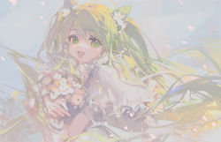 Rule 34 | 1girl, bouquet, braid, braided bangs, capelet, ciloranko, cone hair bun, dress, flower, green eyes, green hair, hair bun, hair flower, hair ornament, highres, holding, holding flower, blue background, long hair, looking at viewer, open mouth, original, smile, solo, upper body, very long hair, white dress
