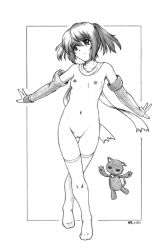Rule 34 | 1girl, bell, border, border break, breasts, cat, cleft of venus, collar, collarbone, crossed legs, full body, graphite (medium), greyscale, harumachi nagaaki, highres, legs, monochrome, naked scarf, navel, neck bell, nipples, no shoes, nude, pussy, scarf, simple background, small breasts, smile, socks, solo, thigh gap, thighhighs, traditional media, twintails, uncensored, watson cross, white background