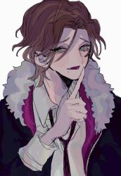 Rule 34 | 1boy, bad id, bad twitter id, brown hair, clmooy, diabolik lovers, earclip, fang, finger to mouth, fur-trimmed jacket, fur trim, green eyes, hair between eyes, highres, index finger raised, jacket, looking at viewer, male focus, md5 mismatch, necktie, open mouth, purple jacket, purple necktie, rejet, sakami raito, shirt, short hair, shushing, simple background, solo, upper body, white background, white shirt