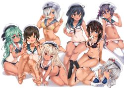 Rule 34 | 10s, 6+girls, :d, ahoge, akebono (kancolle), arm support, ass, bad id, bad pixiv id, bare legs, barefoot, bikini, bikini tan, black bikini, black hair, blue bikini, blue eyes, braid, breasts, brown eyes, brown hair, double v, feet, flower, food, front-tie bikini top, front-tie top, fubuki (kancolle), gloves, green hair, hair between eyes, hair flower, hair ornament, hair over one eye, hair over shoulder, hairclip, hamakaze (kancolle), hat, highres, kantai collection, kashima (kancolle), kneeling, large breasts, light brown hair, long hair, looking at viewer, looking away, lying, medium breasts, micro bikini, multiple girls, navel, nijimoto hirok, no shoes, on stomach, one-piece tan, open mouth, parted lips, popsicle, purple eyes, purple hair, red eyes, remodel (kantai collection), sailor collar, shigure (kancolle), short hair, side-tie bikini bottom, side ponytail, silver hair, simple background, single braid, sitting, skindentation, small breasts, smile, soles, striped bikini, striped clothes, swimsuit, tan, tanline, thighhighs, toes, twintails, ushio (kancolle), v, white background, white bikini, white gloves, white hat, white legwear, yamakaze (kancolle), yokozuwari, yuudachi (kancolle)