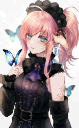 Rule 34 | 1girl, absurdres, ahoge, ascot, au ra, warrior of light (ff14), belt, black coat, black collar, blue eyes, blurry, blush, bug, butterfly, coat, collar, commentary, depth of field, detached sleeves, dragon horns, earrings, final fantasy, final fantasy xiv, frilled collar, frilled hairband, frills, grey background, hairband, hand up, highres, horns, insect, jewelry, long hair, long sleeves, looking at viewer, maho moco, parted bangs, pink hair, ponytail, purple ascot, scales, side ponytail, sidelocks, solo, upper body