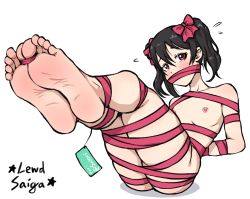 Rule 34 | 1girl, absurdres, arms behind back, barefoot, black hair, blush, bound, feet, flat chest, foot focus, gag, gagged, hair ribbon, highres, improvised gag, lewdsaiga, long hair, looking at viewer, love live!, love live! school idol project, naked ribbon, nipples, nude, red eyes, restrained, ribbon, simple background, soles, solo, toes, twintails, white background, yazawa nico