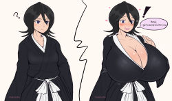 Rule 34 | 1girl, alternate breast size, before and after, black hair, bleach, blush, breast expansion, breasts, cleavage, gigantic breasts, hair between eyes, japanese clothes, kuchiki rukia, pinkkoffin, shinigami, short hair, solo