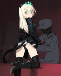 Rule 34 | 1boy, 1girl, animal ears, ass, back, bad id, bad pixiv id, black panties, black thighhighs, blonde hair, blush, boots, butt crack, from behind, gloves, green eyes, heinrike prinzessin zu sayn-wittgenstein, high heels, hirschgeweih antennas, knee boots, long hair, looking back, lowleg, lowleg panties, military, military uniform, no pants, noble witches, panties, shimada fumikane, shoes, strike witches, tail, thighhighs, underwear, uniform, world witches series