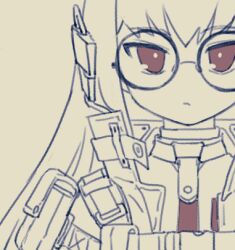 Rule 34 | 1girl, arigatoner, commentary, frown, girls&#039; frontline, glasses, headgear, jacket, long hair, looking at viewer, lowres, mod3 (girls&#039; frontline), monochrome, red eyes, round eyewear, sketch, solo, spot color, straight-on, tactical clothes, type 80 (girls&#039; frontline), type 80 (mod3) (girls&#039; frontline), upper body