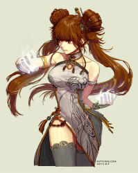 Rule 34 | 00s, 1girl, blush, breasts, brown hair, china dress, chinese clothes, dnf, double bun, dress, dungeon and fighter, gloves, long hair, nenmaster, red eyes, solo, thighhighs, twintails