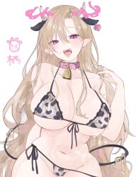 animal_ears animal_print bell bikini blush breasts brown_hair cleavage collarbone cow_ears cow_girl cow_horns cow_print cum cum_on_body front-tie_bikini_top front-tie_top groin highres horns large_breasts long_hair navel neck_bell nuu_monst open_mouth original parted_bangs pink_eyes pointy_ears side-tie_bikini_bottom swimsuit teeth tongue upper_teeth_only