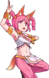 Rule 34 | 1girl, :o, animal ear fluff, animal ears, arm up, armlet, armpits, bare shoulders, bracelet, crotchless, crotchless pants, dancer, eyes visible through hair, hair ornament, highres, jewelry, kotri (rabi-ribi), looking at viewer, midriff, navel, necklace, pants, pink eyes, pink hair, rabi-ribi, solo, speckticuls, tail, teeth, transparent background, twintails, upper body, upper teeth only