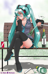 Rule 34 | 1girl, alcohol, aqua eyes, aqua hair, artist name, bottle, breasts, cigarette, cleavage, collarbone, crossed legs, detached sleeves, female focus, hatsune miku, long hair, maki michaux, medium breasts, miniskirt, necktie, outdoors, panties, pantyshot, sitting, skirt, smoking, solo, spring onion, striped clothes, striped panties, thighhighs, twintails, underwear, upskirt, vocaloid