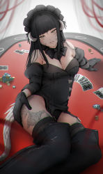 Rule 34 | 1girl, absurdres, atagumo yuba, au ra, warrior of light (ff14), bad id, bad twitter id, black hair, boots, breasts, card, character request, cleavage, copyright request, facial mark, facial tattoo, final fantasy, final fantasy xiv, gloves, hat, highres, horns, long hair, looking at viewer, mob cap, playing card, poker, poker chip, poker table, sidelocks, smile, table, tail, tattoo, thigh boots, thighhighs, thighs, yellow eyes
