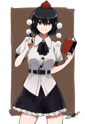 Rule 34 | 1girl, artist name, bad id, bad twitter id, belt, black hair, collared shirt, cowboy shot, dress shirt, eyebrows, hat, looking at viewer, miniskirt, notebook, pen, pom pom (clothes), puffy short sleeves, puffy sleeves, red eyes, shameimaru aya, shirt, short hair, short sleeves, skirt, smile, solo, tebukuro withana, tokin hat, touhou