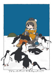 Rule 34 | 156m, 1girl, backpacking stove, bird, black pants, blue eyes, blue sky, blush, boots, brown gloves, brown hair, camping chair, closed mouth, coat, coffee mug, commentary request, cup, day, gloves, highres, hood, hooded coat, long sleeves, looking at viewer, mug, orange footwear, original, outdoors, pants, penguin, portable stove, short hair, sitting, sky, snow, solo, tent, yellow coat