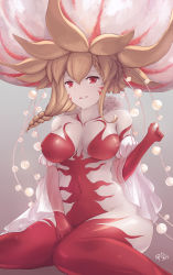 Rule 34 | 1girl, blonde hair, braid, breasts, charybdis (granblue fantasy), cleavage, covered erect nipples, granblue fantasy, highres, large breasts, red eyes, smile, solo, thighs