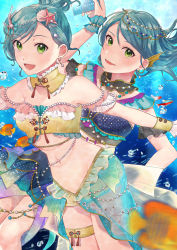 Rule 34 | 2girls, :d, absurdres, air bubble, alternate hairstyle, aqua hair, bandeau, bang dream!, bare shoulders, belly chain, blurry, blurry foreground, breasts, bubble, card, collarbone, commentary request, cowboy shot, detached collar, ear ornament, ear piercing, earrings, fish, green eyes, groin, hair between eyes, hamatsuka nao, head chain, highres, hikawa hina, hikawa sayo, holding, holding card, huge filesize, jewelry, long hair, looking at viewer, midriff, multiple girls, navel, one side up, open mouth, outstretched arms, piercing, shell hair ornament, short hair, showgirl skirt, siblings, sidelocks, sisters, small breasts, smile, star (symbol), star earrings, swept bangs, swimsuit, thigh strap, twins, underwater, wrist cuffs