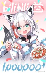 Rule 34 | 1girl, :d, absurdres, ahoge, animal ear fluff, animal ears, armband, bilibili xiaolu, blue eyes, braid, chinese commentary, detached sleeves, fox ears, fox girl, fox tail, hair between eyes, highres, holding, holding plate, holding spoon, hololive, milestone celebration, open mouth, plate, shirakami fubuki, shirakami fubuki (1st costume), shirt, short hair, smile, solo, spoon, tail, virtual youtuber, white hair, white shirt, white sleeves